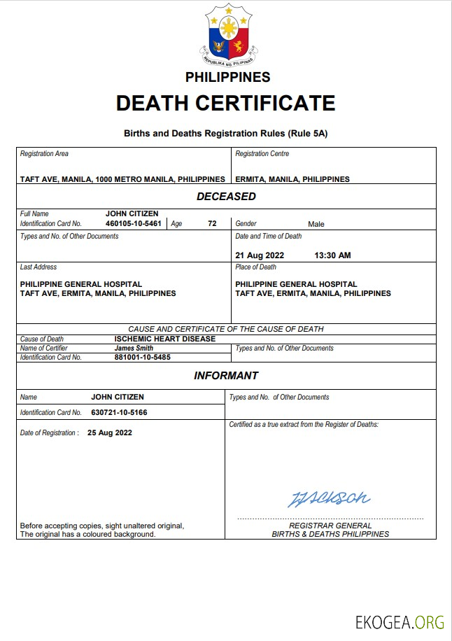 Modèle Word et PDF de certificat de décès de l'état civil des Philippines